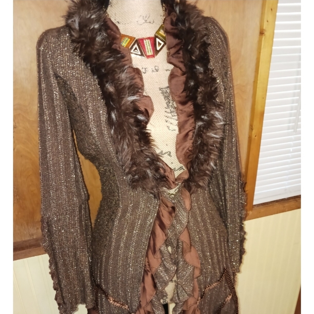 Boston Proper XS Brown Sparkle Ruffle Knit Cardigan Sweater